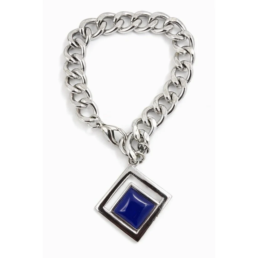 Vintage 90s Silver Tone Chunky Chain Bracelet Lapis Blue Geometric Charm Y2K